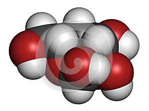 Galactose sugar molecule. Present in milk and dairy products. Atoms are represented as spheres with conventional color coding: