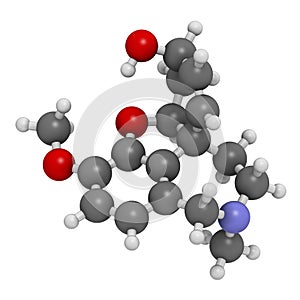 Galantamine alkaloid molecule. Found in Caucasian snowdrop, used in treatment of Alzheimer\'s disease. 3D rendering. Atoms are