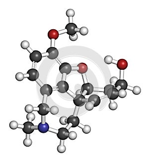 Galantamine alkaloid molecule. Found in Caucasian snowdrop, used in treatment of Alzheimer\'s disease. 3D rendering. Atoms are