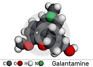 Galantamine, molecule. It is tertiary alkaloid, used to trate dementia, Alzheimer`s disease. Molecular model. 3D rendering