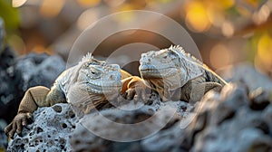 Galapagos iguanas basking in equatorial sun on volcanic rocks hyperrealistic wildlife photography