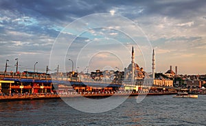 Galata bridge and mosque yeni camii