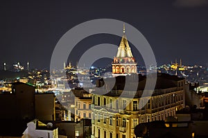 Galata Kulesi Tower at night in Istanbul, Turkey. Ancient Turkish famous landmark in Beyoglu district, European side of the city.