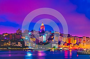 Galata Tower, Galata Bridge, Karakoy district and Golden Horn at night, istanbul