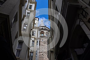 Galata Tower in Istanbul, Beautiful landmark Beyoglu district old houses with Galata tower, Turkey, Istanbul cityscape in Turkey