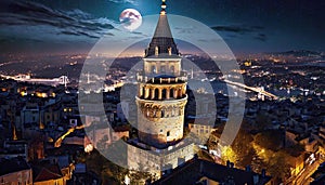 Galata Tower Night Full Moon