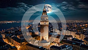 Galata Tower Night Full Moon