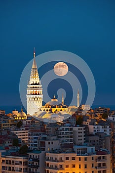 Galata Tower Night Full Moon