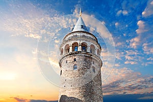 Galata Tower at sunset in the centre of Istanbul, Turkey