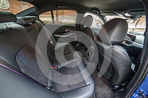 Galati, Romania - July 4, 2020: 2020 Blue BMW 3 Series G20 M340i xDrive Steptronic interior backseat