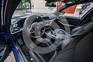 Galati, Romania - July 4, 2020: 2020 Blue BMW 3 Series G20 M340i xDrive Steptronic interior