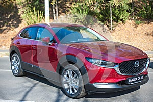 Galati, Romania - September 15, 2019: Red Mazda CX-30 facelift front view