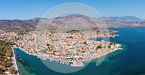 Galaxidi Greece from above, aerial drone view. Traditional town sunny day