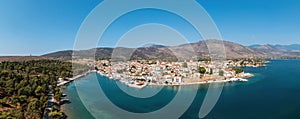 Galaxidi Greece, aerial drone view. Traditional town in Fokida, sunny day