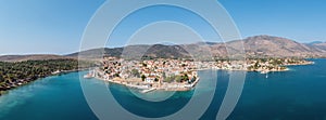 Galaxidi Greece, aerial panorama. Traditional town in Fokida, sunny day