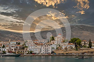 Galaxidi village in Greece against a dramatic sky.