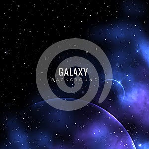 Galaxy background with shining stars. Abstract constellation background with purple nebula and planets. Cosmos