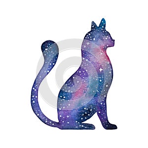 Galaxy cat, fantasy, space, shape. Perfect for kids room decoration, baby clothes.Watercolor illustration.