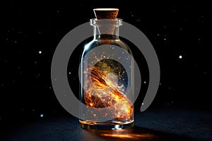 Galaxy in a corked glass bottle.AI generated