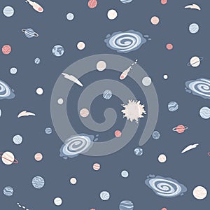 Galaxy cosmic seamless pattern with planets, stars and comets. Childishly vector hand-drawn cartoon illustration in