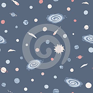Galaxy cosmic seamless pattern with planets, stars and comets. Childishly vector hand-drawn cartoon illustration in photo