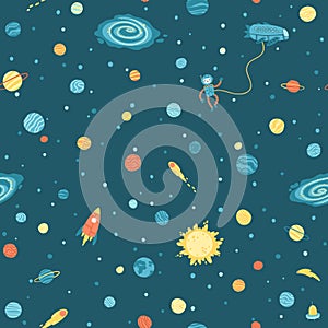 Galaxy cosmic seamless pattern with planets, stars and comets. Childishly vector hand-drawn cartoon illustration in simple photo