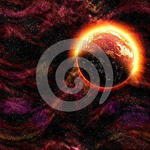 Galaxy exoplanet explorer - World Beyond Our Solar System, distant planet system burning in high energy red interstellar plasma