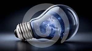 A galaxy inside a lightbulb on a dark background.