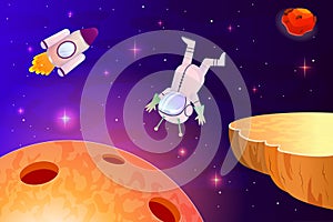 Galaxy landscape with planet mars and alien in space. Flying astronaut and cosmic rocket. Ufo in a spacesuit. Vector