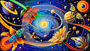Galaxy planet earth moon rotation nature flower blossom butterfly cosmos design