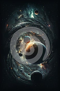 Galaxy and planets in deep space, computer generated abstract background, 3D rendering