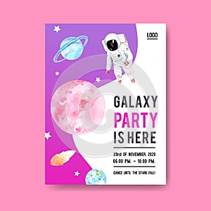 Galaxy poster design with stars, asteroid, astronaut, earth illustration watercolor