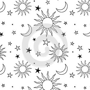 Galaxy seamless hand drawn pattern design with zodiac elements. Sun, moon and stars