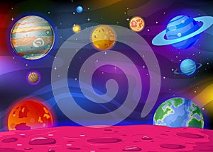 Galaxy Space View With Planets and Stars in Background Cartoon