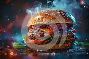 Galaxy-themed gourmet hamburger with cosmic colors and steaming hot appeal