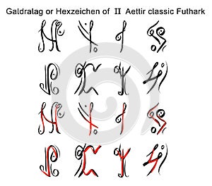 Galdralag styling 2 att, 8 classic runes of the Futhark in two versions, black, red