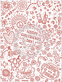 Galentine's day greeting card with doodle drawings.