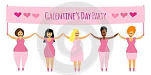 Galentine`s Day Party banner with hand drawn smiling feminist girlfriends, can be used for greeting card, poster etc