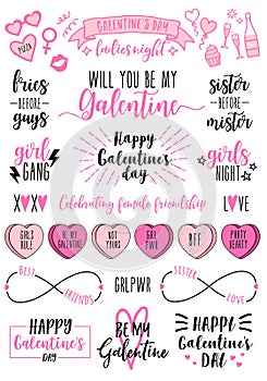 Galentines day cards, women`s day, feminist doodles, vector design elements
