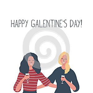 Galentines day. Two girls hug and drink wine