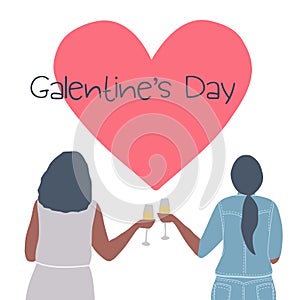 Galentines day. Two young women are drinking wine on a red heart background. Back view