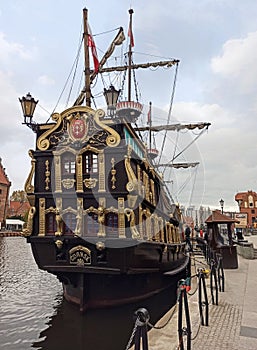 Galeon Lew sailing ship, gallery from the 17th century on the Motlawa River, Gdansk. Poland