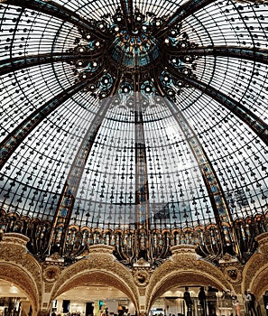 The galerie lafayette& x27;s dome, view of the interior design in the biggest shopping mall in Paris, France