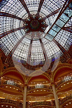 Galeries Lafayette Haussmann interior. Glass dome close-up. Paris, France.