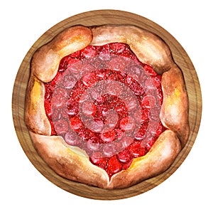 Galette with ripe red cherries and powdered sugar watercolor