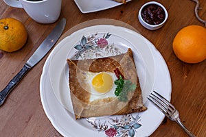 Galette sarrasin, buckwheat crepe, with ham cheese and egg, french brittany cuisine