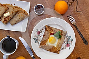 Galette sarrasin, buckwheat crepe, with ham cheese and egg, french brittany cuisine