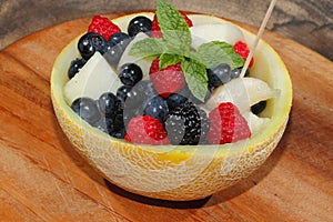 Galia melon, cantaloupe, raspberries, blackberries, blueberries