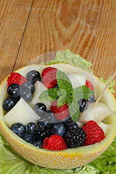 Galia melon, cantaloupe, raspberries, blackberries, blueberries