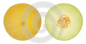 Galia melon halves, also sarda melon, isolated from above photo